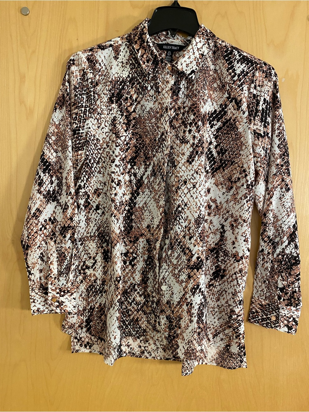 Ellen Tracy Cream and Brown Snake-Print Button Front Top